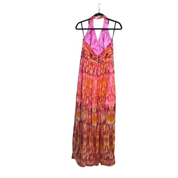 Laundry By Shelli Segal Halter Maxi Dress Size 2 Pink & Orange Pleated - Picture 2 of 7